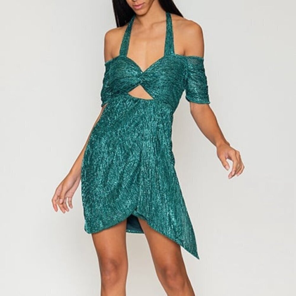 Azulu Emerald Green Crinkle Lurex Cutout Mini Dress XS – Metallic Pleated Party